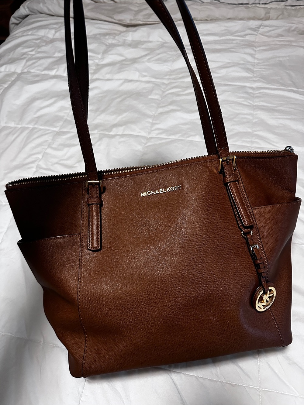 Michael Kors Brown Saffiano Leather Tote with Gold Logo Charm